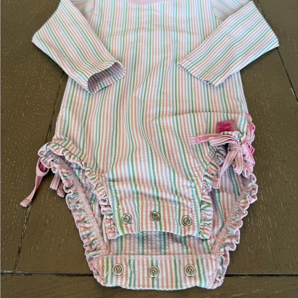 Ruffle Butts Girls’ Pink Pastel Seersucker Long-Sleeve Swimsuit • Size: 18-24M - Picture 7 of 10